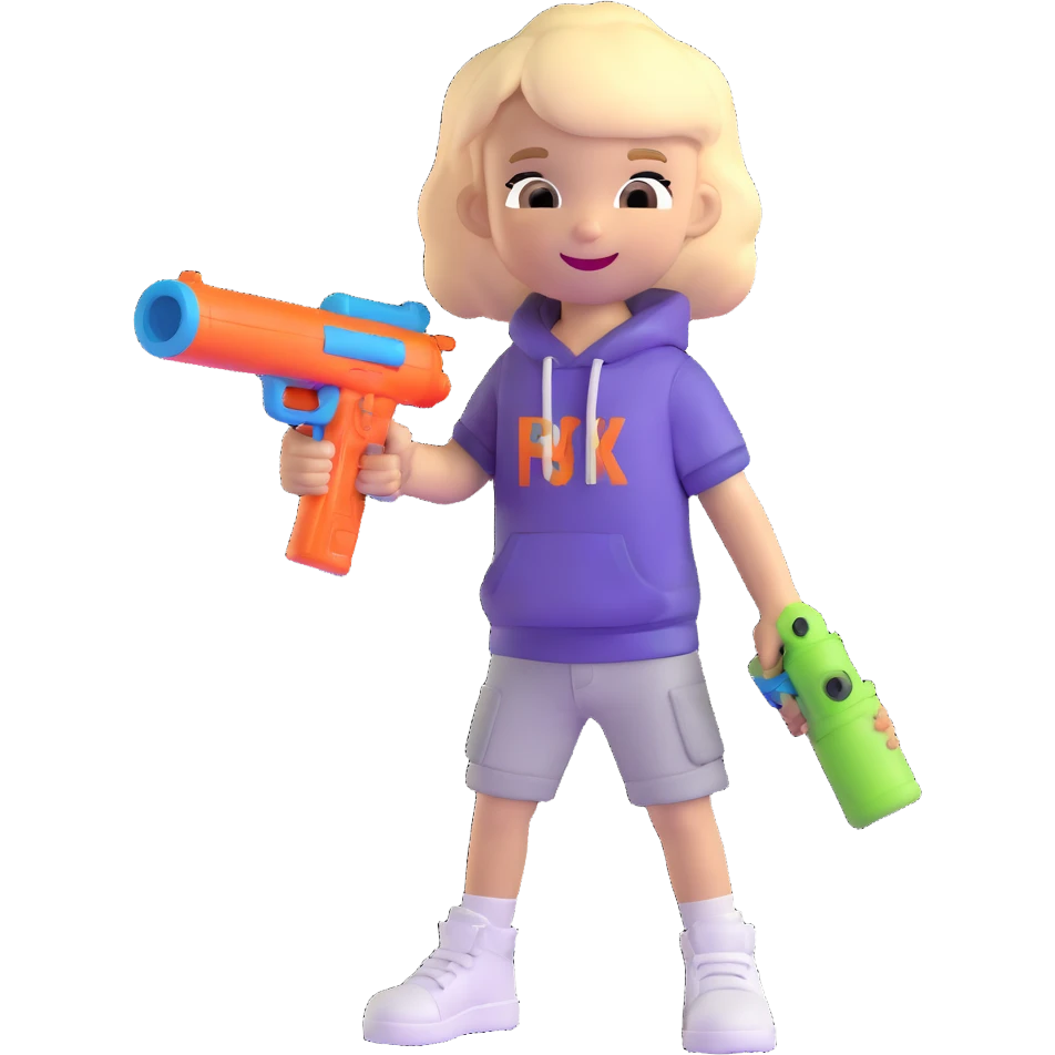 little white kid in a hip-hop outfit, holding a squirt gun, smiling emoji
