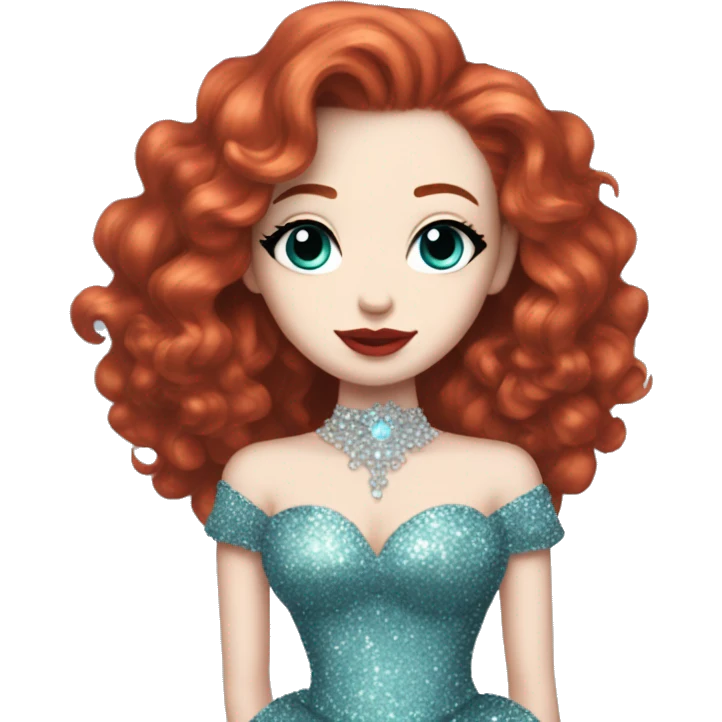pale skin, long curly red hair, aquamarine, glitter, ball gown, red lipstick, black eyeliner, full body emoji