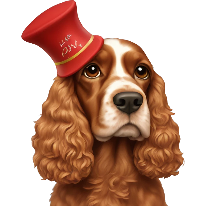 A full-length adult red cocker spaniel in a New Year's cap emoji