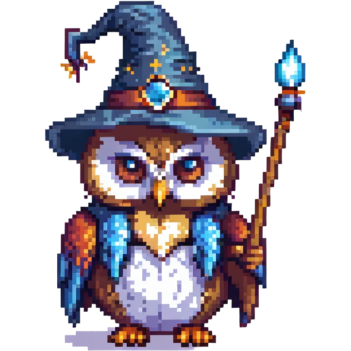 minimalist pixel icon of an owl with a wizard hat and wand simple color palette clean lines emoji