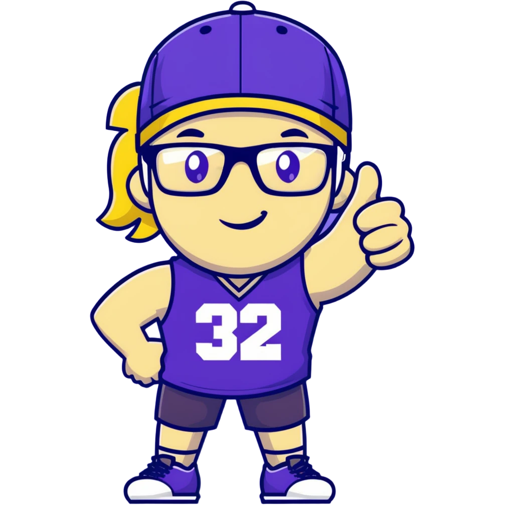 Man with black and white cap, purple sports jersey with number 32, clear glasses, disheveled light blond mullet hairstyle, thumbs up gesture, relaxed expression emoji