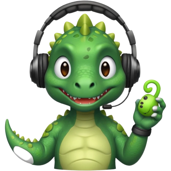 a dinosaur character with features representing autism, such as headphones, fidget toy, gentle expression emoji