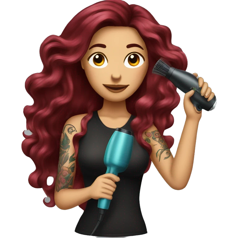 Beautiful tattooed  burgundy long haired woman blow drying her hair emoji