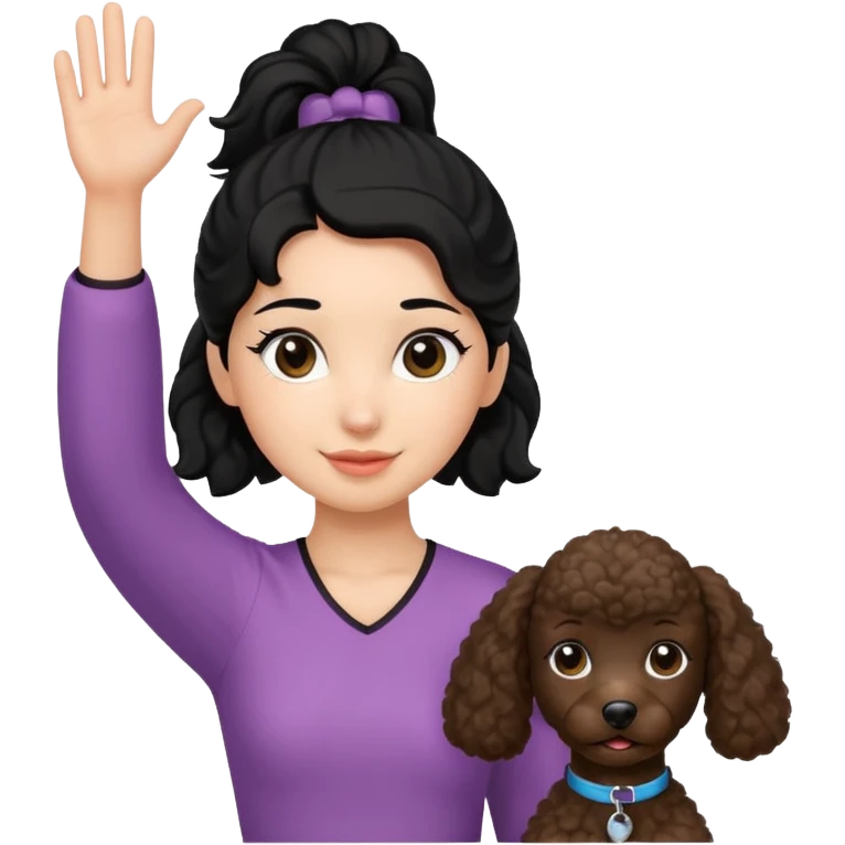 Ponytail black hair girl with brown Poodle say goodbye  emoji