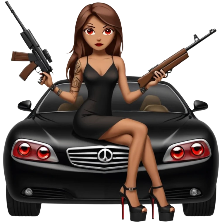 Lilith tan skin female red eyes symbol. Tattoo arms. Her hair is brown straight long hair.wearing sexy long sexy Chanel dress with slit. black stiletto thick platform high heels shoes on. Sitting on giant luxury car with cash inside . She is holding a sniper rifle in one hand cash in other hand emoji