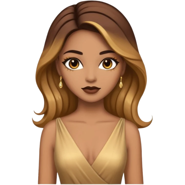 Woman using a long elegant dress. She has medium skin tone and a brown with gold makeup emoji