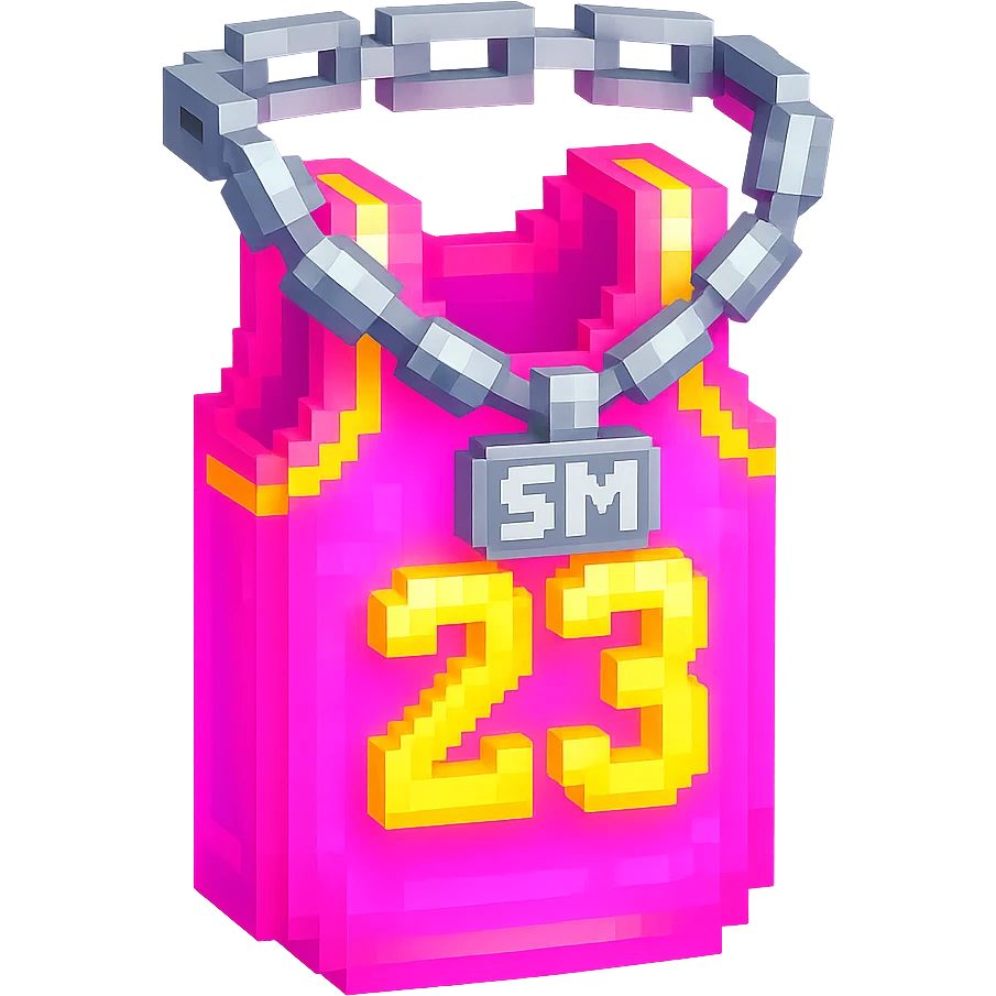 светящейся розовая баскетбольная майка с надписью "23" и серебряная цепь с надписью "SM", no background emoji