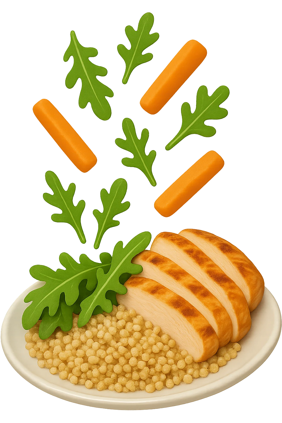EMOJI STILE IPHONE DI quinoa e pollo con rucola e carote CHE CADONO VERTICALMENTE DALL'ALTO, iperrealistica 4k emoji