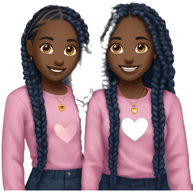 two black teenage twin girls (dark) (Both have the same skin tone) with black box braids that have curly ends and with navy blue tops and gold earrings and gold cross necklaces and they are smiling and a love heart that is pink is hovering beteern them emoji