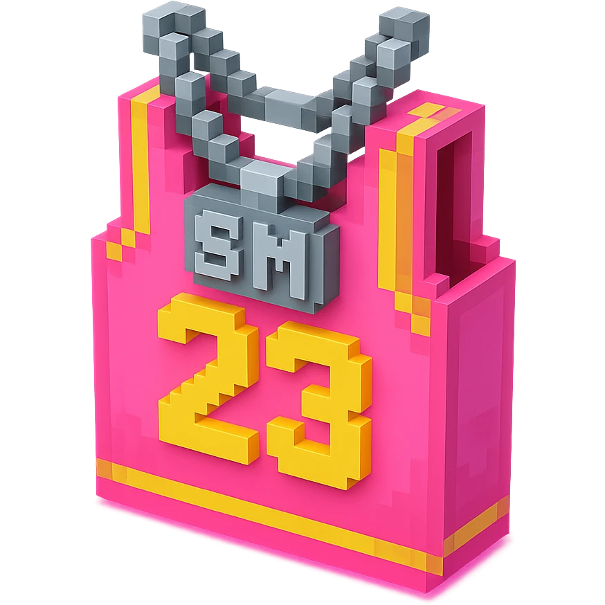 светящейся розовая баскетбольная майка с надписью "23" и серебряная цепь с надписью "SM", no background emoji