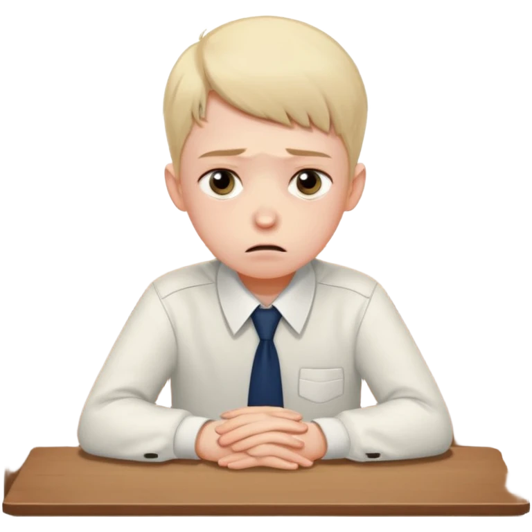 an anxious boyin school uniform sitting in front of a table emoji