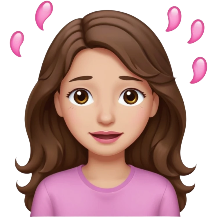 girl with wavy long brown hair, brown eyes, light to medium complexion, long lashes, light pink lipstick, wearing light pink shirt, smiling, crying with big pink tears emoji