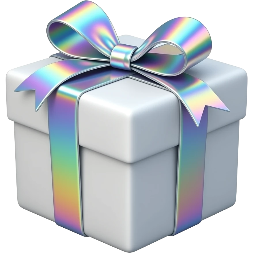 Hyperrealism, highly detailed wrapped gift, with realistic detailed opalescent holographic iridescent ribbon, high definition, must have no emoji icons, no emoji symbols emoji