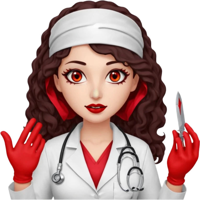 Lilith scalpel in hand, evil surgeon outfit.  She has red eyes. She has dark brown curly hair. Hair is long . Wears sexy doctor outfit with red gloves. Covers nose, neck and mouth with Muslims  emoji