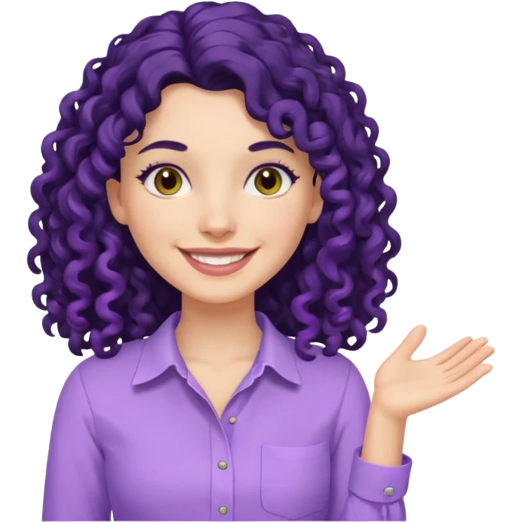 mujer blanca con cabello largo rizado negro sonriendo con camisa lila emoji