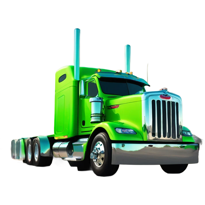 neon green peterbilt semi truck lowered on the ground with large chrome wheels and chrome smoke stacks emoji