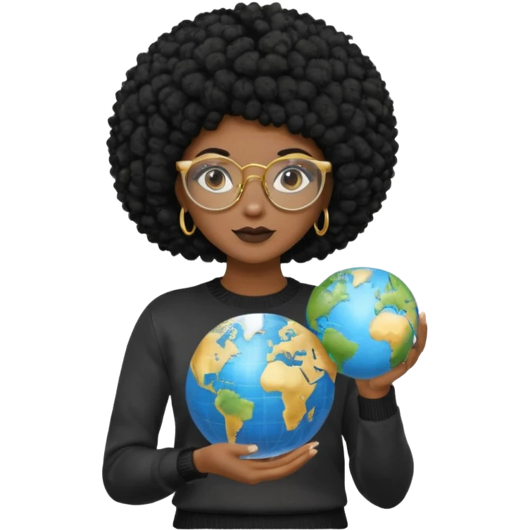 a young woman wearing gold round glasses and black afro hair, she has light black skin, she's wearing a professional sweater and she's holding a globe in her hand emoji