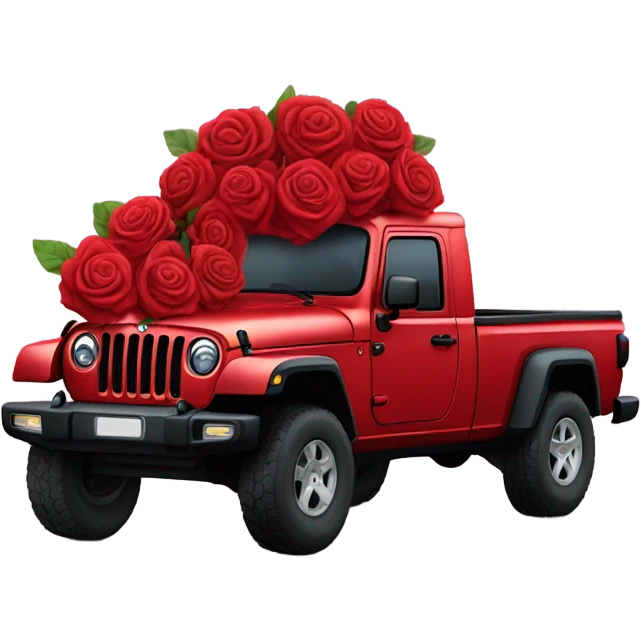 Realistic Red Jeep Gladiator with the truck bed full of roses. emoji