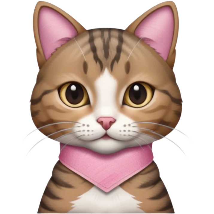 a young female brown and gray tabby cat,with a pink bandage on her front paw, ultrarealistic emoji