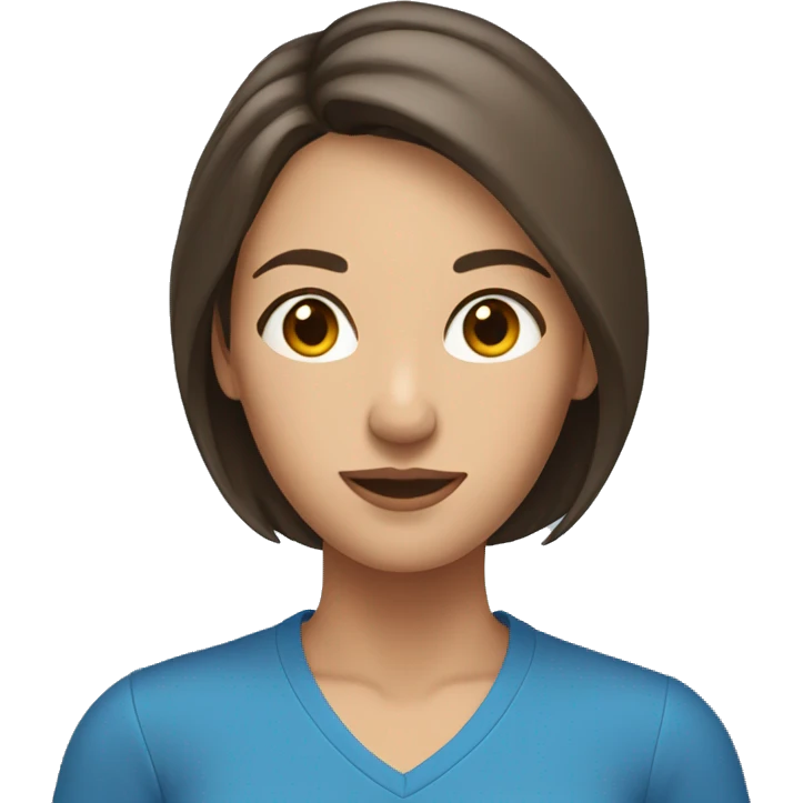 brunette woman chin length hair standing wearing a blue shirt emoji