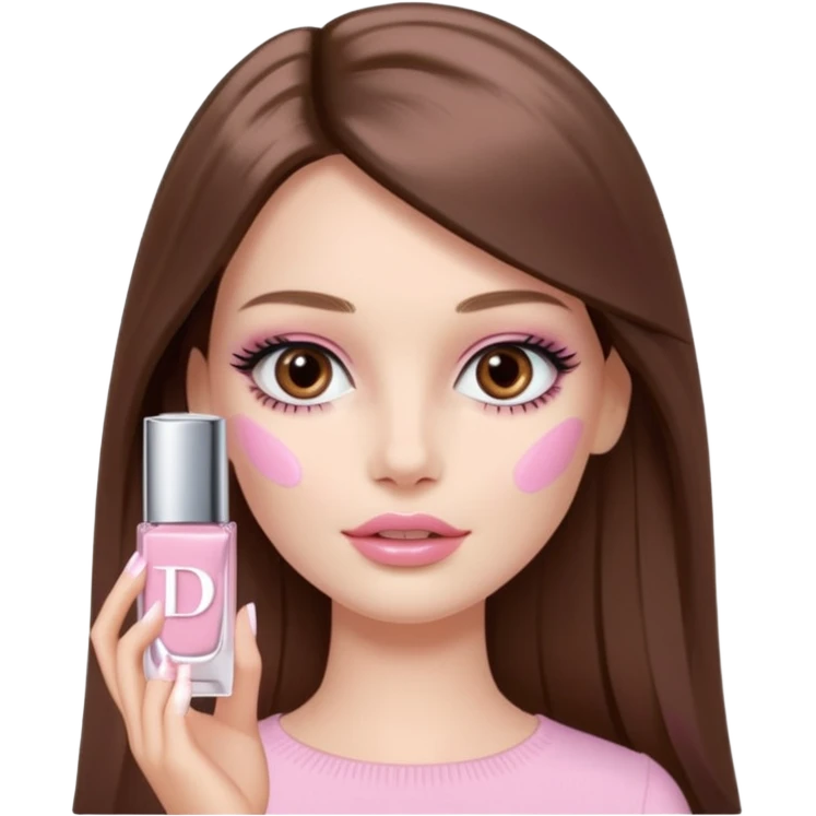 Barbie girl a brown long Straight hair and brown eyes is In pale pink smears by hand cosmetic cream Dior on her face emoji