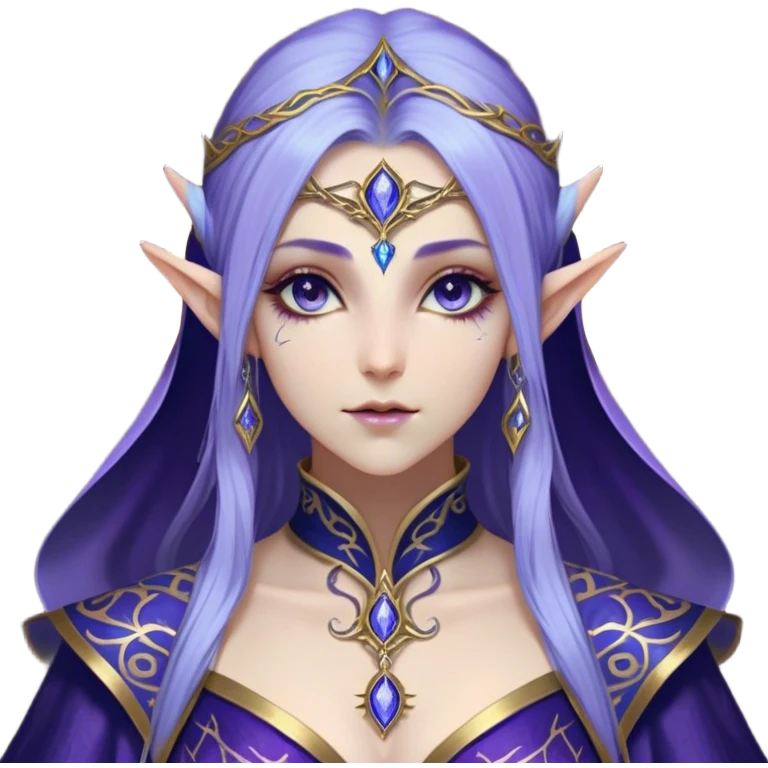 Cinematic Realistic WoW Elf Mage Portrait, depicted with ethereal, otherworldly beauty and refined arcane mastery. Clad in an intricately detailed robe in consistent deep blues and purples accented with shimmering gold filigree, her luminous, porcelain-like skin and delicate features evoke timeless elegance. Her piercing, mystical eyes radiate ancient wisdom, rendered with lifelike texture and subtle, magical lighting, high shine, noble and majestic, capturing the essence of a legendary elven sorceress. emoji