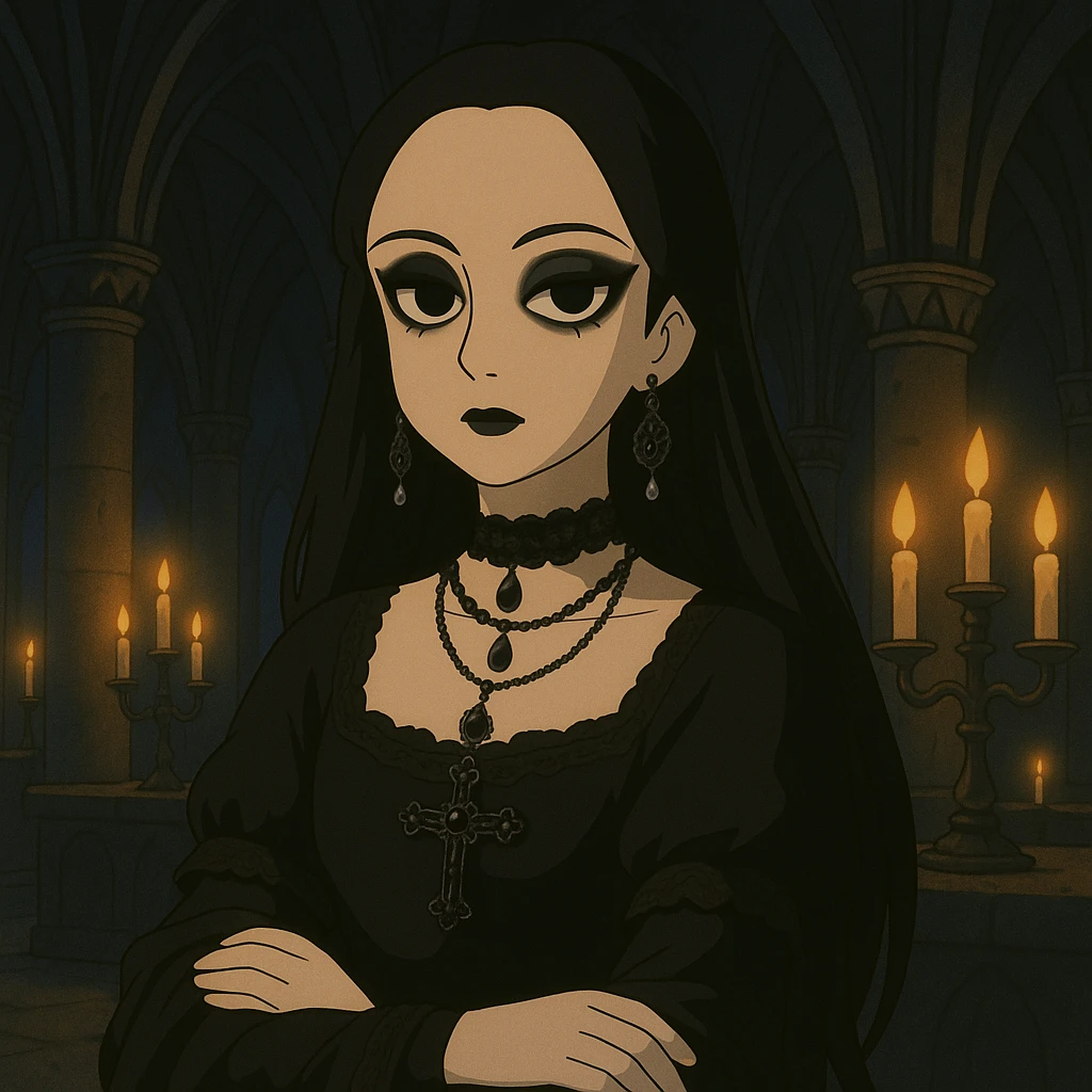 Add a gothic background with candlelit cathedral, gothic arches, and dark ambiance. Keep Mona Lisa as a goth with fitting gothic style details. emoji