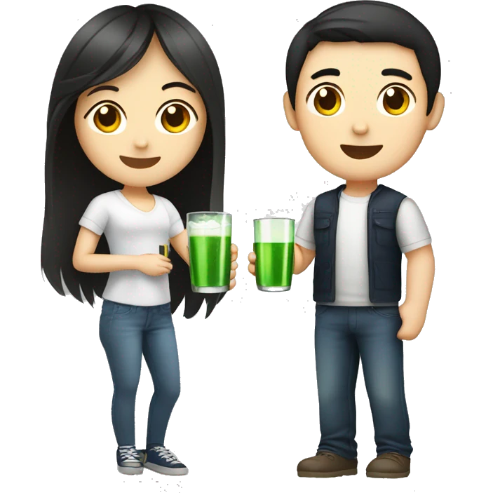 Young guy and young girl with dark hair and light skin drink soju  emoji