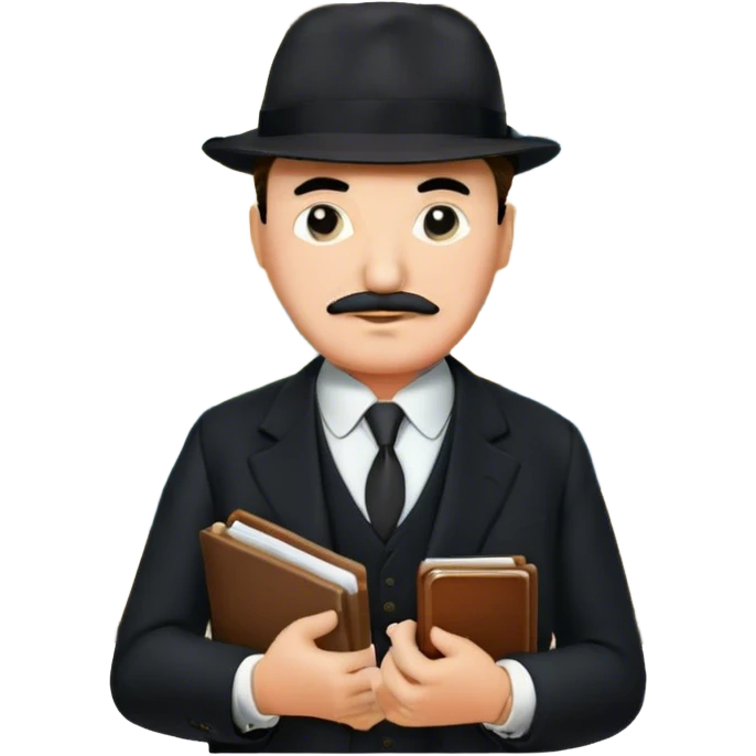 A cinematic-style frame showing Hercule Poirot in his iconic suit with a notebook in a dramatic detective pose. Background should be mysterious city, map, a board with photos of suspects, clues like fingerprints. Transparent background. emoji
