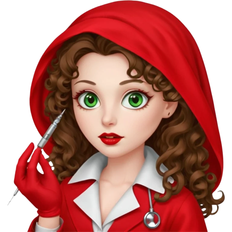 Spanish sexy evil woman. She has green eyes.  had brown long curly hair.  evil surgeon kills with needle wears red sexy doctor coat with red Juliet veil on her mouth and nose to hide and wearing red gloves.  emoji