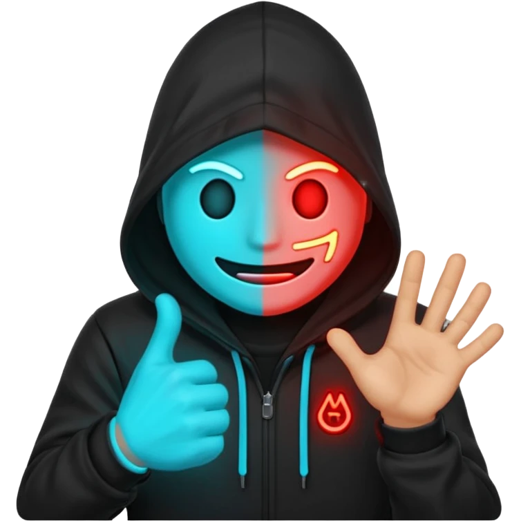 Black-hooded neon hacker emoji, red and cyan glow only, slamming glowing text “FTHESCAMMERS” with impact flash, aggressive anti-scam vibe, smooth 2-second loop, transparent background, Discord sticker style, no new colors. emoji