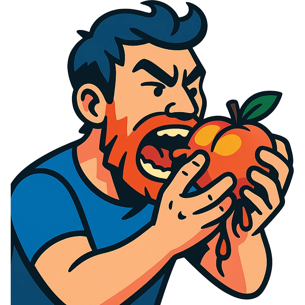 a man ferally eating a peach emoji