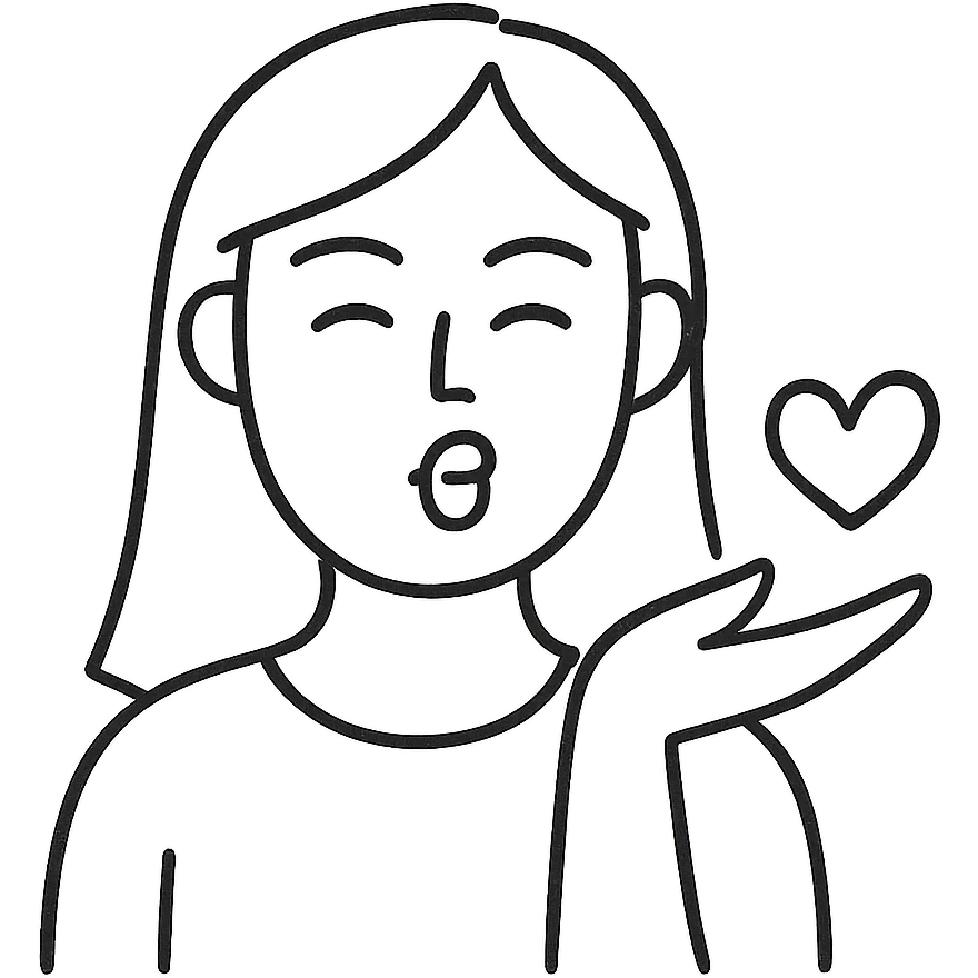 Make this icon of a fair-skinned woman with straight, chestnut hair sending a kiss to the viewer even more minimalistic, with fewer lines and simplified features, no background. emoji