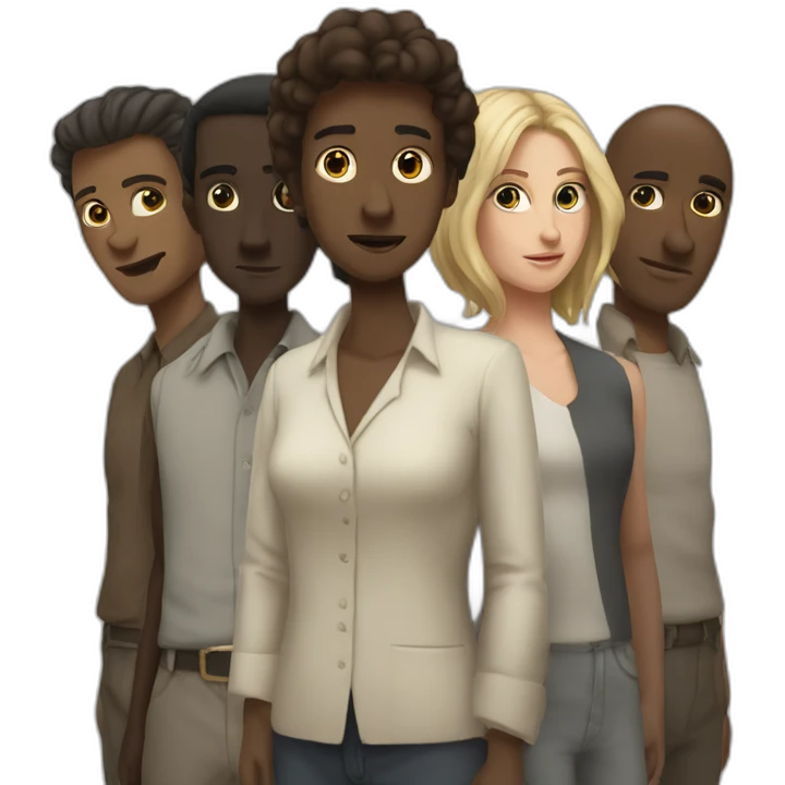 six dark-skinned men stand behind a pale woman emoji