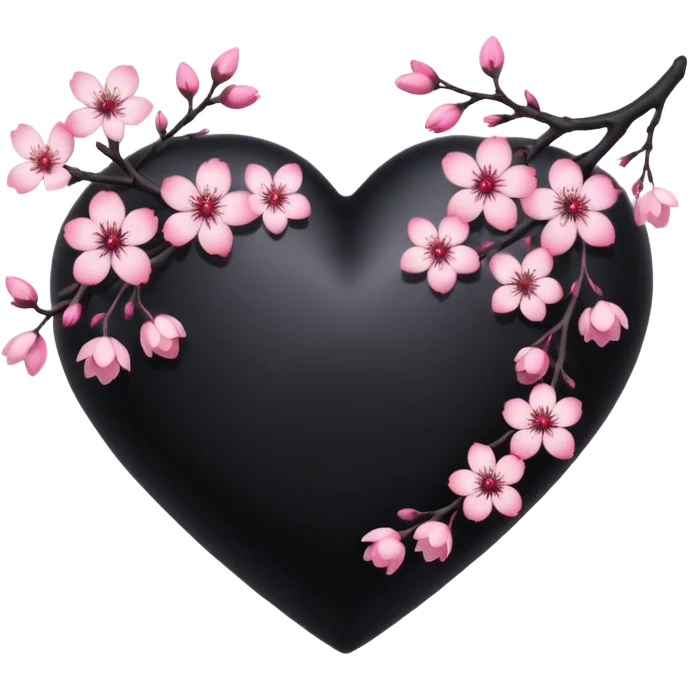 goth sakura heart, black heart with sakura branch and blossoms, pink highlights emoji