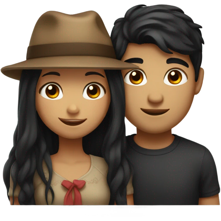 Girl with long black hair brown eyes and guy with black hair brown eyes and a hat holding one another emoji