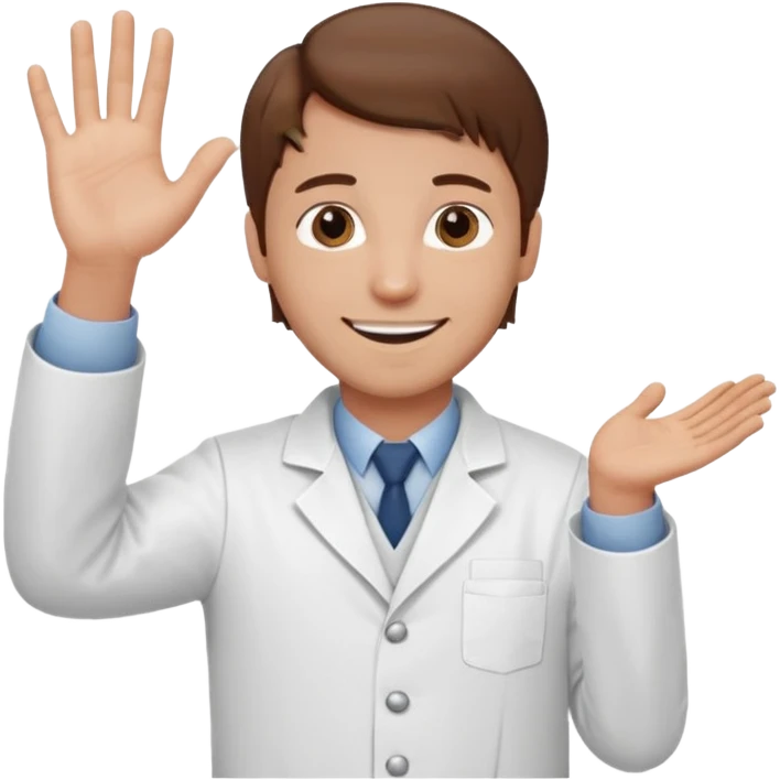 Radiografía de mano sostenida por un hombre con bata blanca  piel clara cabello café saludando emoji