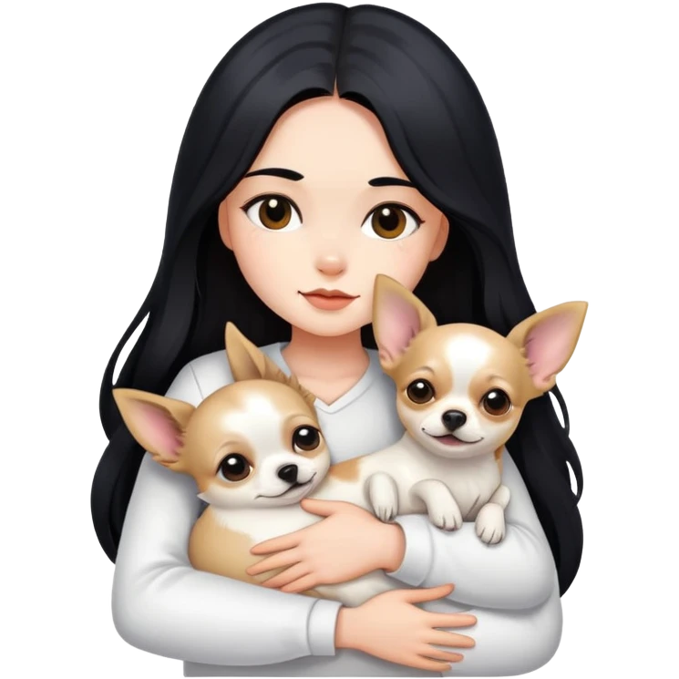 Fair skin girl - long black hair - white clothes - hugging a chihuahua emoji