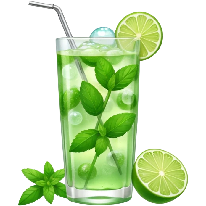 A mojito filled with mint leaves, lime wedges, and sparkling bubbles.
 emoji