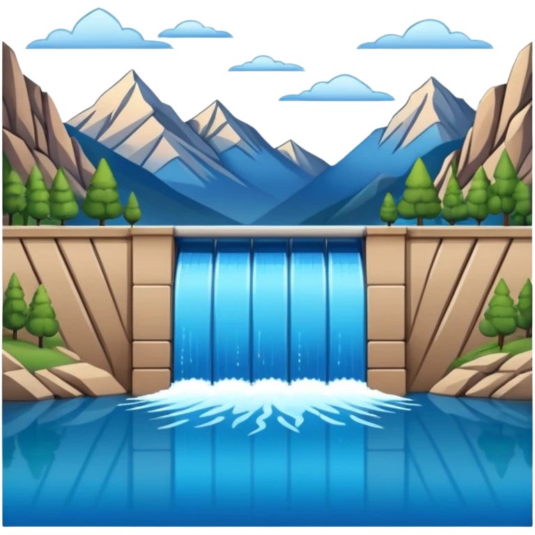 Emoji-style illustration of dam in front of mountain lake, flat vector look, bold outlines, minimal details, no background. emoji