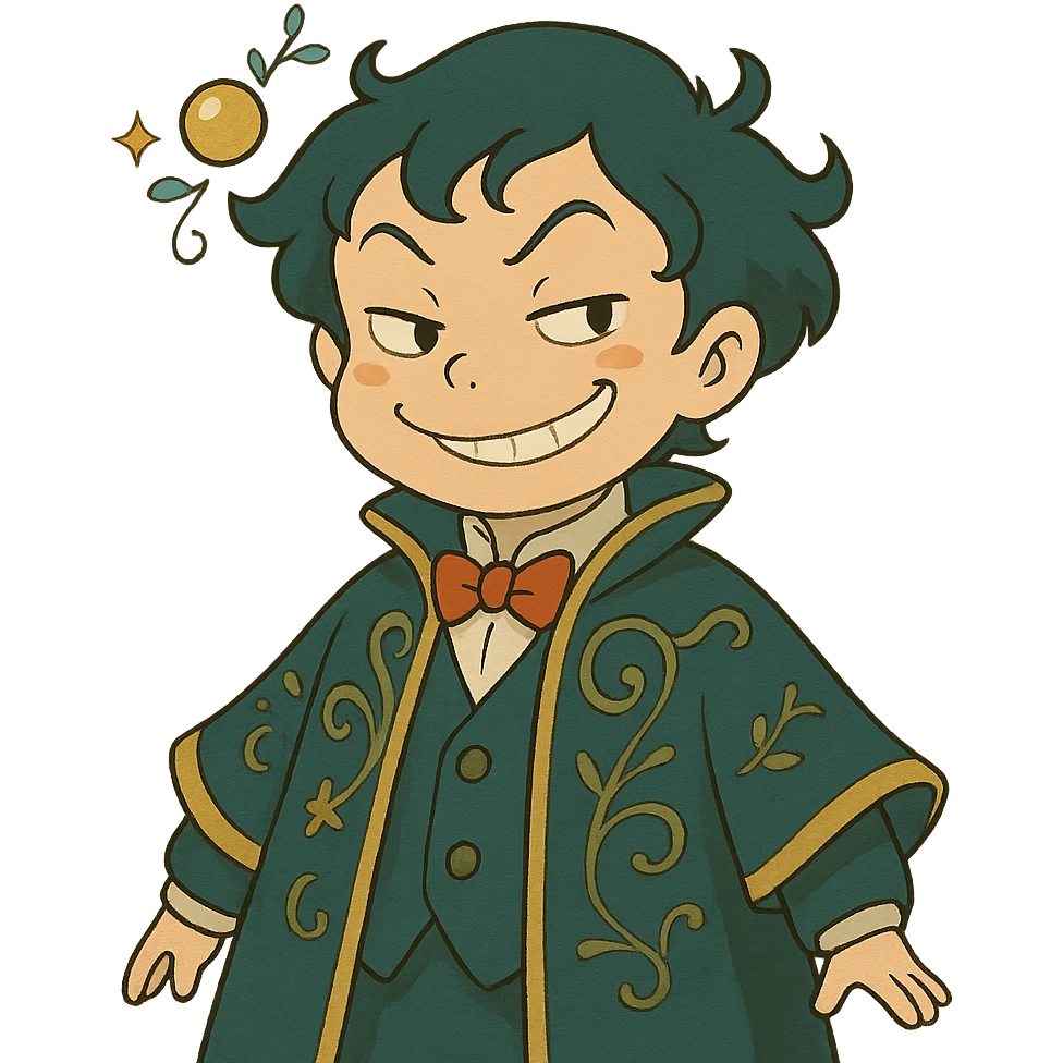 ghibli style AI agent with a mischievous smile, whimsical details emoji