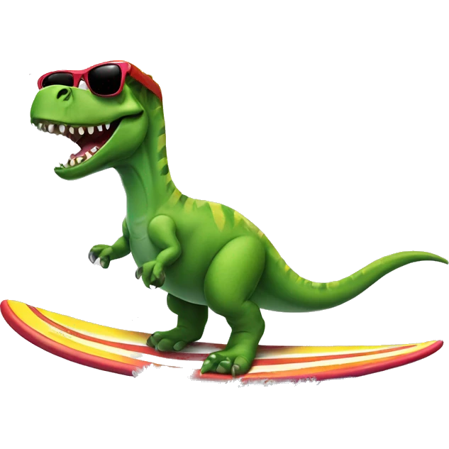 Dinosaur riding a surfboard with sunglasses emoji