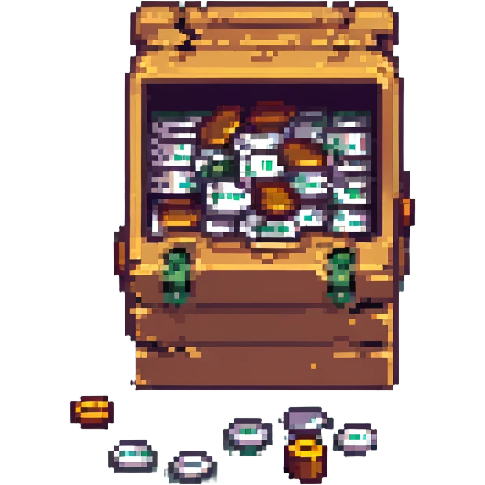 a chest with paper bills and coins spilling out, pixel art style emoji