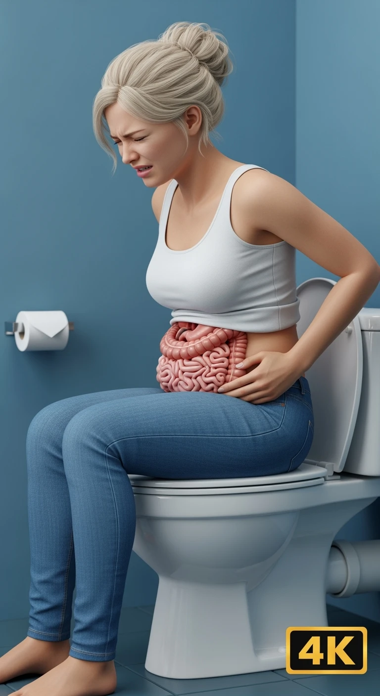 DONNA CON MAL DI PANCIA SEDUTA SUL WC MENTRE SI SFORZA, INTESTINO UMANO ANATOMICO IN EVIDENZA, IPERREALISTICA 4K emoji