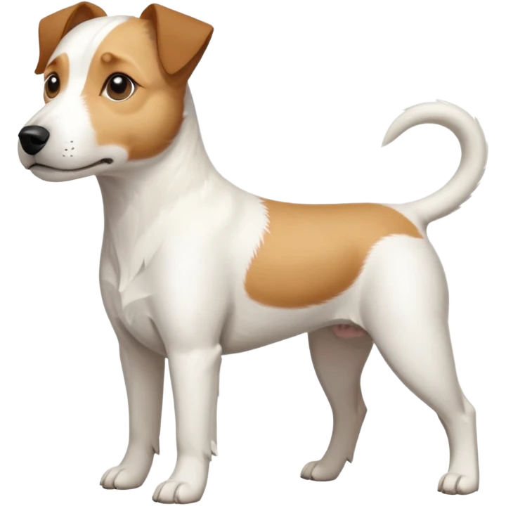 a full body slightly chubby white parson russell terrier looking dog the size of a kelpie with light brown long ears and a light brown patch on one eye and a large snout. the rest of the dog is completely whiteforward facing emoji