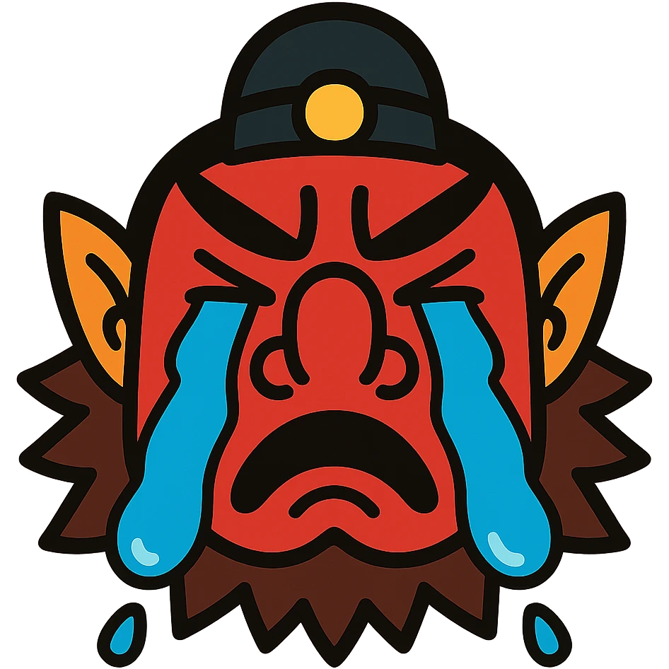 tengu face with big tears, cartoonish, no background, just the face emoji