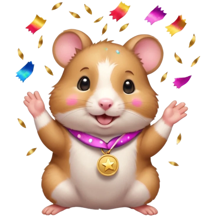 Cute cartoon-style hamster throwing confetti, holding a tiny medal, joyful expression. Painterly shading, white background, sticker-style illustration emoji