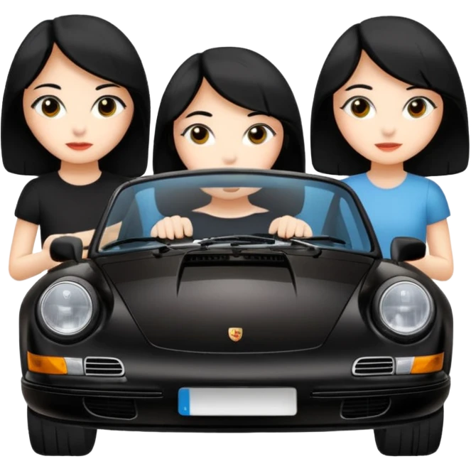 Draw three girls in a Porsche 911 black car and girls with black hair.  emoji