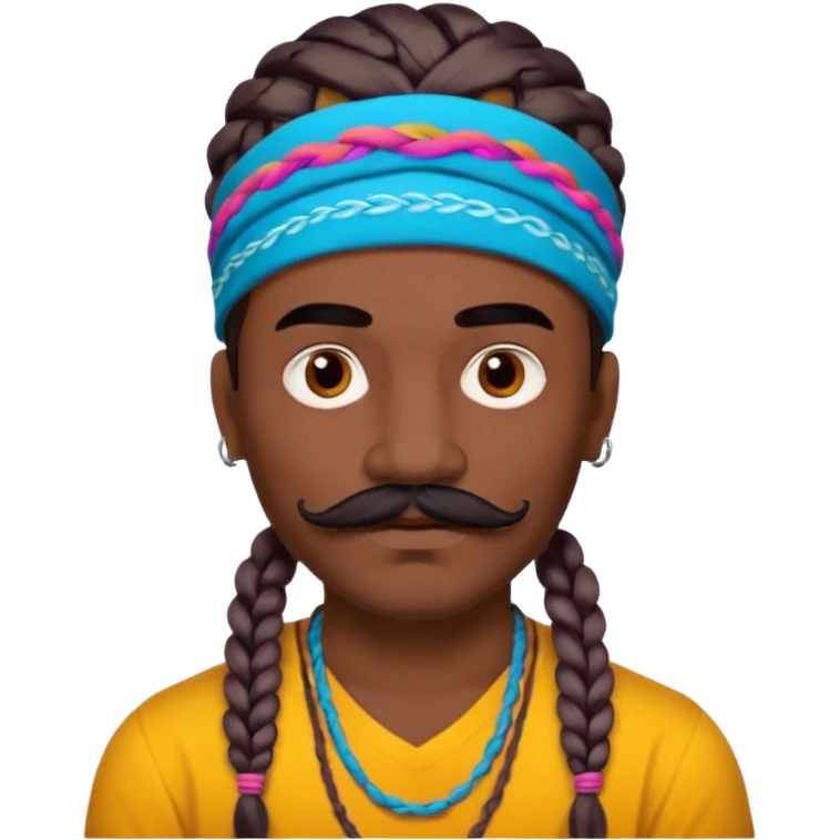 big lose braids starting from the top of the head man with mustache face wiith big visible braids and mono color headband on head  face and braids as big as headband and lots and lots of face tattoos colored tattoos like a tattoo artist hair unique color emoji