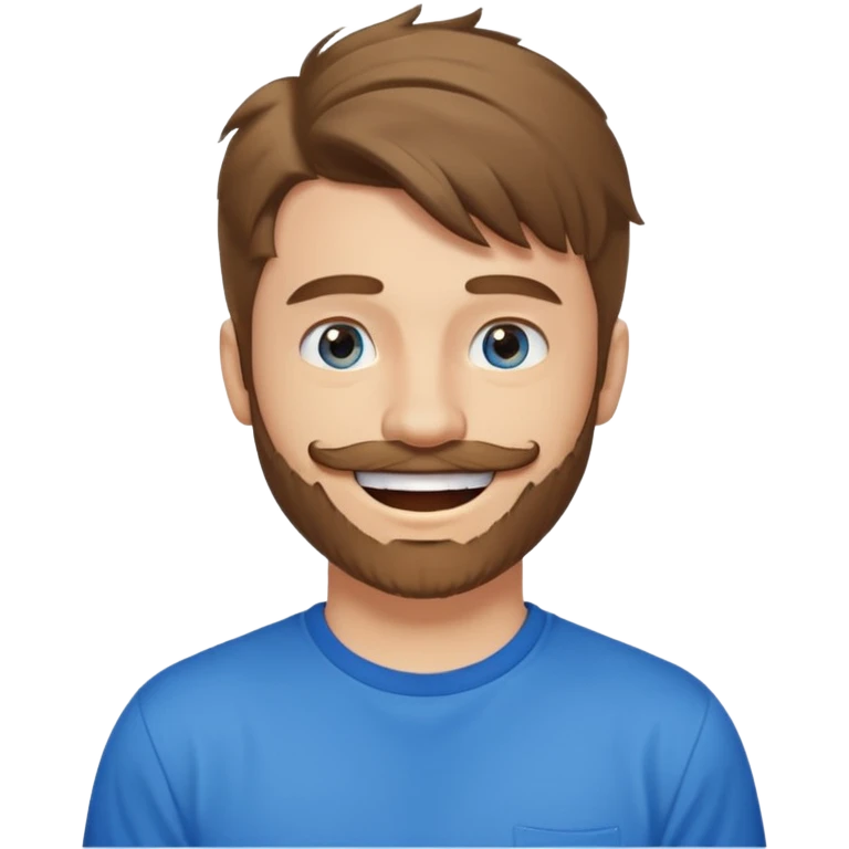 25 year old man, short scruffy beard and sparse moustache, brown puffy mullet, blue eyes, big smile, white teeth, big lips, pronounced jaw, hair longer in back, sticking up on top emoji